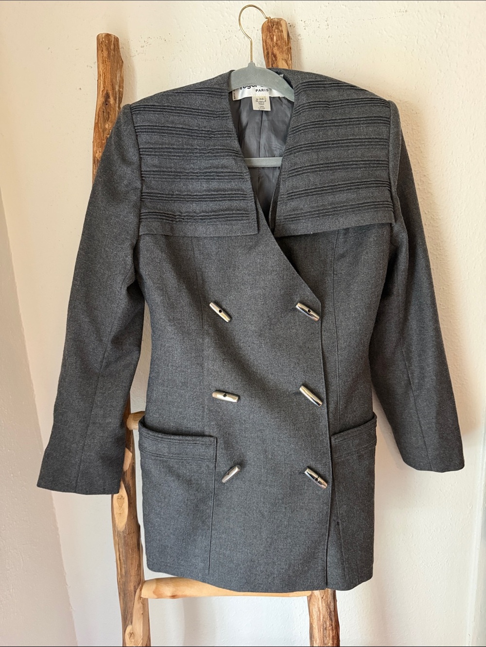 Vintage Roger Sakoun Gray Double-Breasted Blazer Jacket Wide Pleated Yoke 38 6